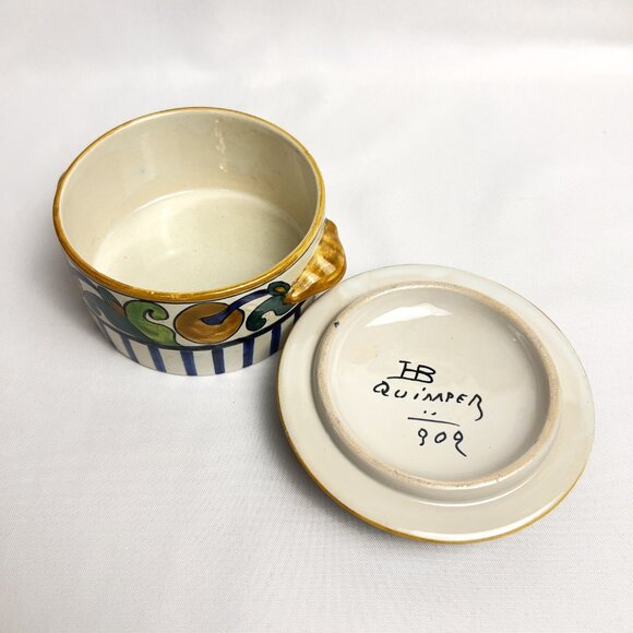 Quimper Faience Vintage Trinket Box Hand-Painted France Floral & Stripe Signed - Picture 4 of 7